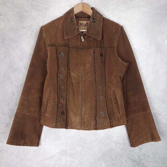 Mudd Jackets & Blazers - Vintage Y2K Mudd Suede Jacket Womens Large Brown Floral Embroidered Festival